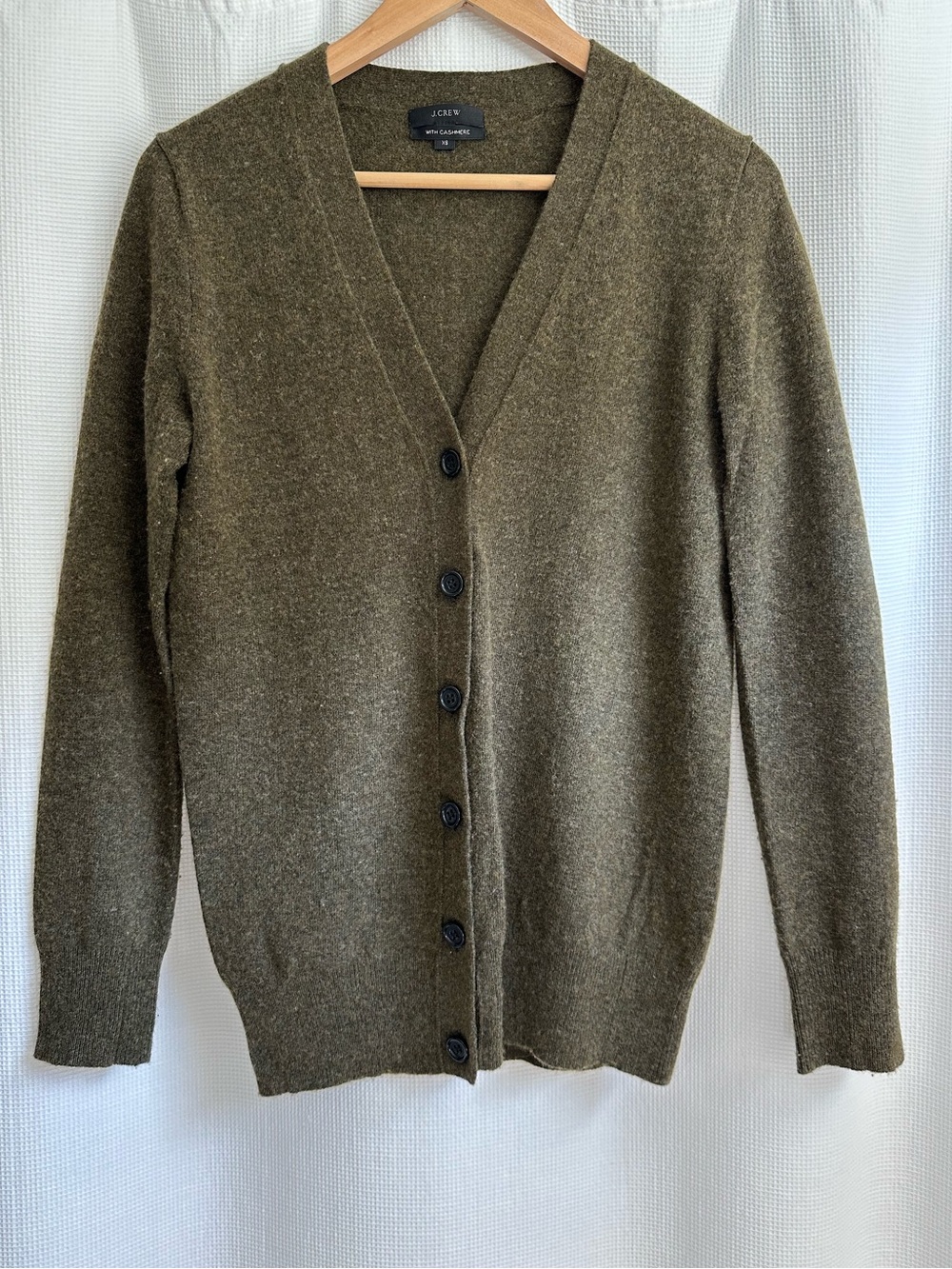 J. Crew Olive Green Wool Cashmere V-Neck Button Cardigan Sweater, XS